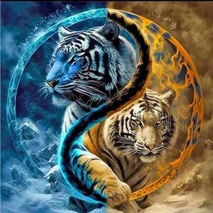 Yin Yang Tigers in Blue & Orange Diamond Painting Kit (12in x 12in)